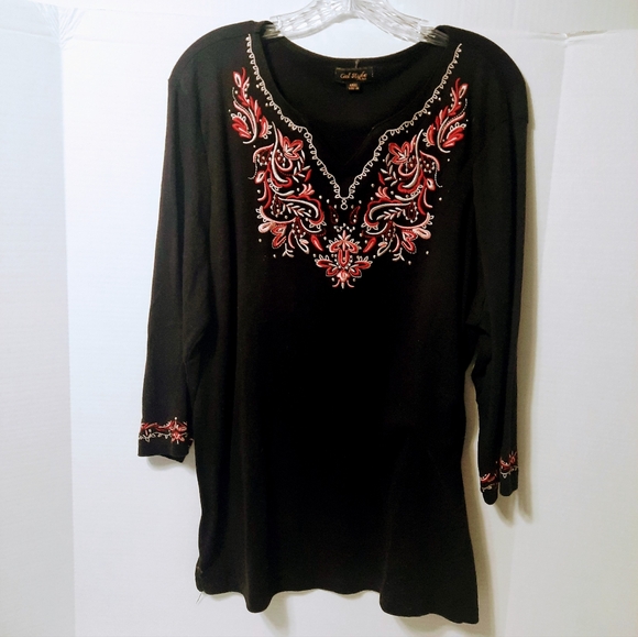 Cal Style Top Women's Sz XXXL Black Embroidered Neckline 3/4 Sleeves Boho - Picture 1 of 9